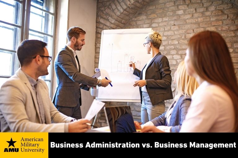 business-admin-vs-management business administration professionals in meeting
