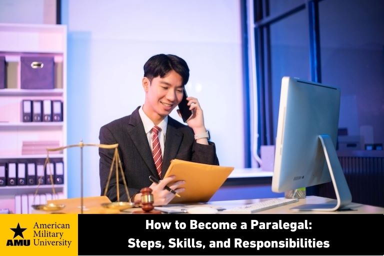 man on phone and words how to become a paralegal 