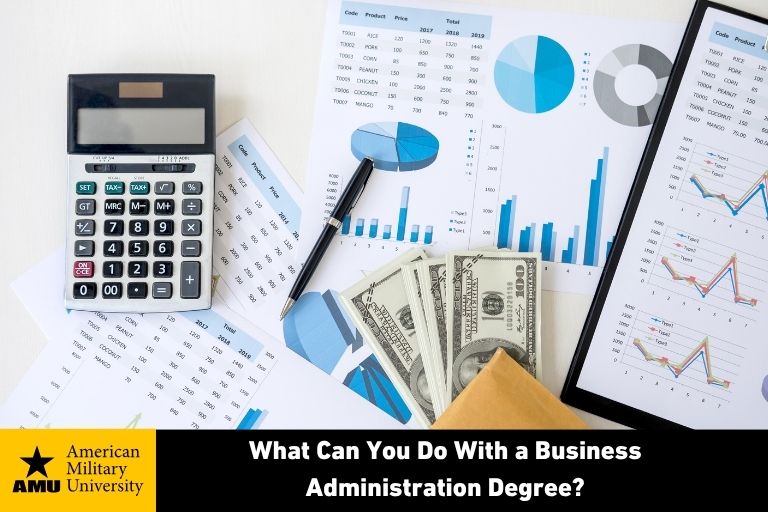what-can-you-do-with-a-business-admin-degree aerial view of calculator and business documents